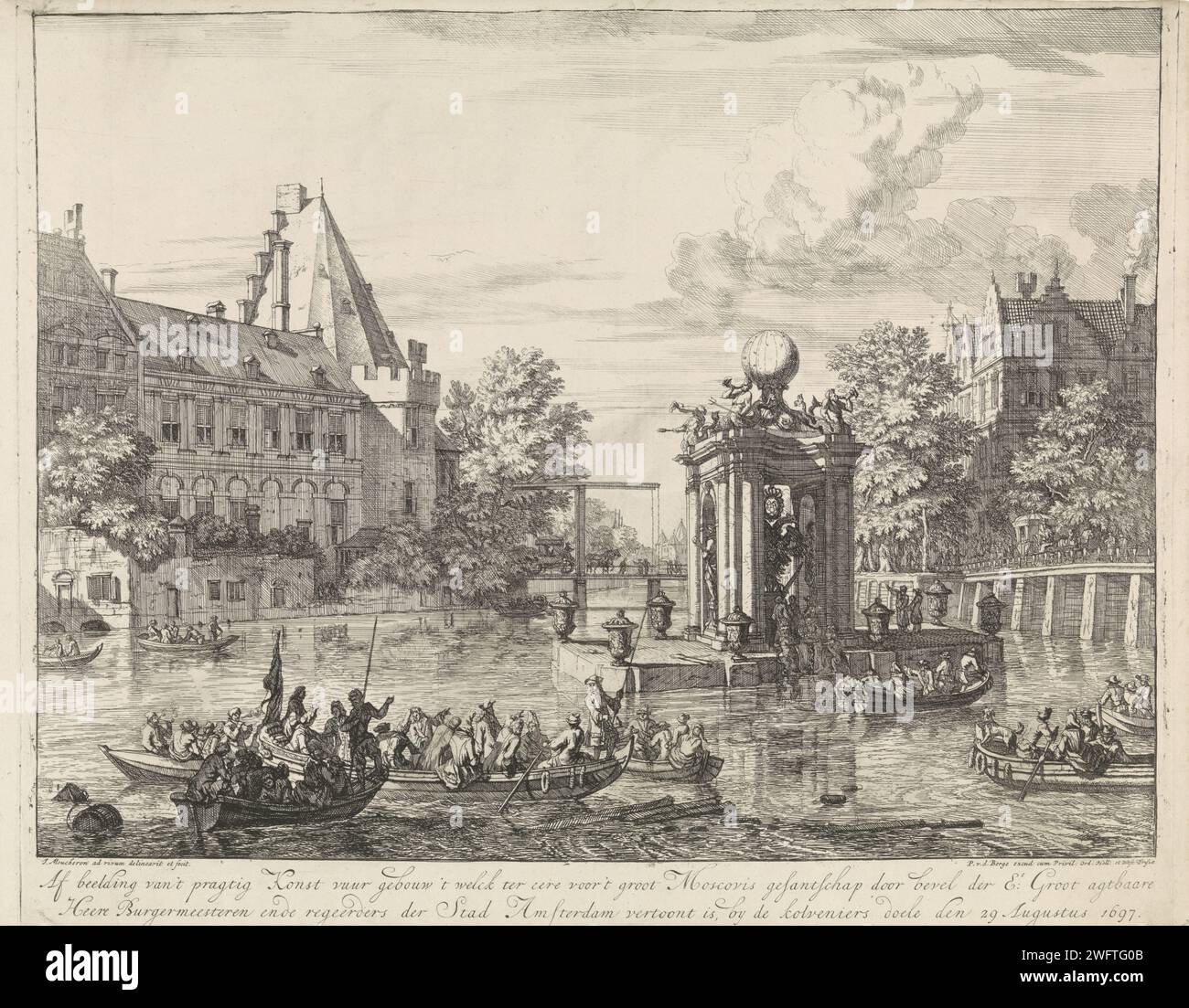 Bâtiment pour le feu d'artifice en l'honneur de la visite de l'envoyé russe à Amsterdam, août 1697, Isaac de Moucheron, 1697 - 1699 imprimer Bâtiment pour le feu d'artifice en l'honneur de la visite de l'envoyé russe avec le tsar Peter de Grote à Amsterdam, le 29 août 1697. Fondée dans l'eau au Kloveniersdoelen et Kloveniersburgwal. Festivités de gravure sur papier d'Amsterdam (+ illumination, feux d'artifice  activités festives) objectifs de Kloveniers. Kloveniersburgwal Banque D'Images