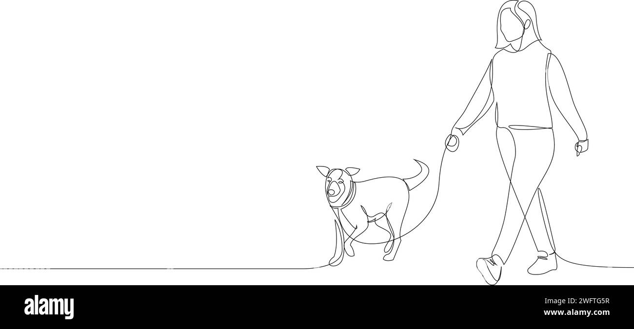 Dessin au trait continu d'une femme marchant avec un chien en laisse. Illustration vectorielle de style dessin au trait Illustration de Vecteur