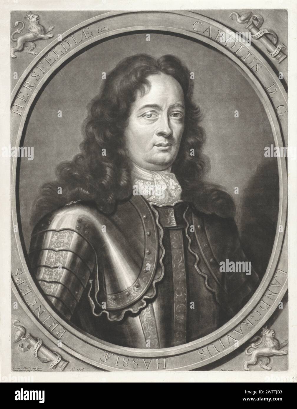 Portrait de Charles Ier, Landgraaf van Hessen-Kassel, Jacob Gole, 1696 estampe Karel Ier, Landgraaf van Hessen-Kassel. Il porte un harnais et un col en dentelle. Gravure sur papier Amsterdam Banque D'Images