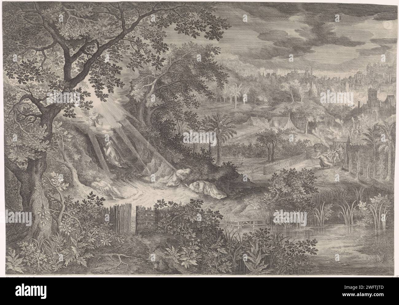 Paysage avec le Christ dans le Hof van Gethsémani, Jan van Londerseel, d'après David Vinckboons, 1580 - 1625 impression dans un vaste paysage, le Christ prie agenouillé sur le mont des oliviers et regarde le ciel où un ange est apparu dans une vision. Sur le sol derrière Christ, les trois disciples Pierre, Jacques et Jean dorment. Judas s'approche par la droite, suivi d'un groupe de soldats. Papier gravé la prière du Christ dans le jardin de Gethsémani pendant la nuit Banque D'Images