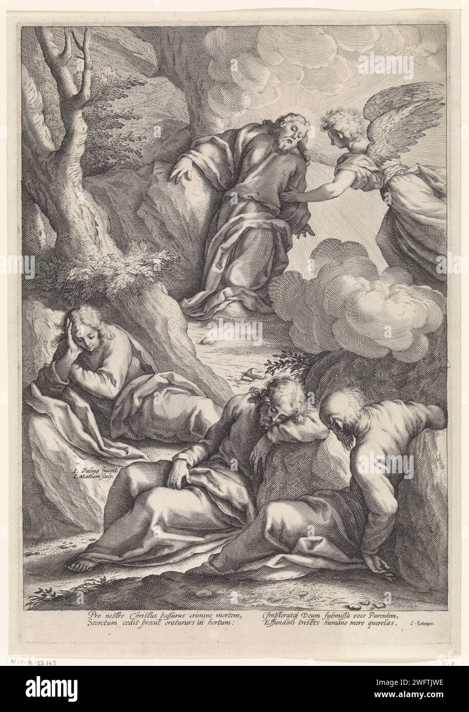 Christ dans la cour de Getsémane, Jacob Matham, d'après Jacopo Palma, c. 1594 - 1598 imprimer Christ dans la cour de Getsémane. Trois apôtres endormis au premier plan. Derrière lui Christ qui est soutenu par un ange. Papier Haarlem gravant la prière du Christ dans le jardin de Gethsémani pendant la nuit. Agonie du Christ : pour le réconforter, un ou plusieurs anges apparaissent au Christ avec un calice et/ou une croix Banque D'Images