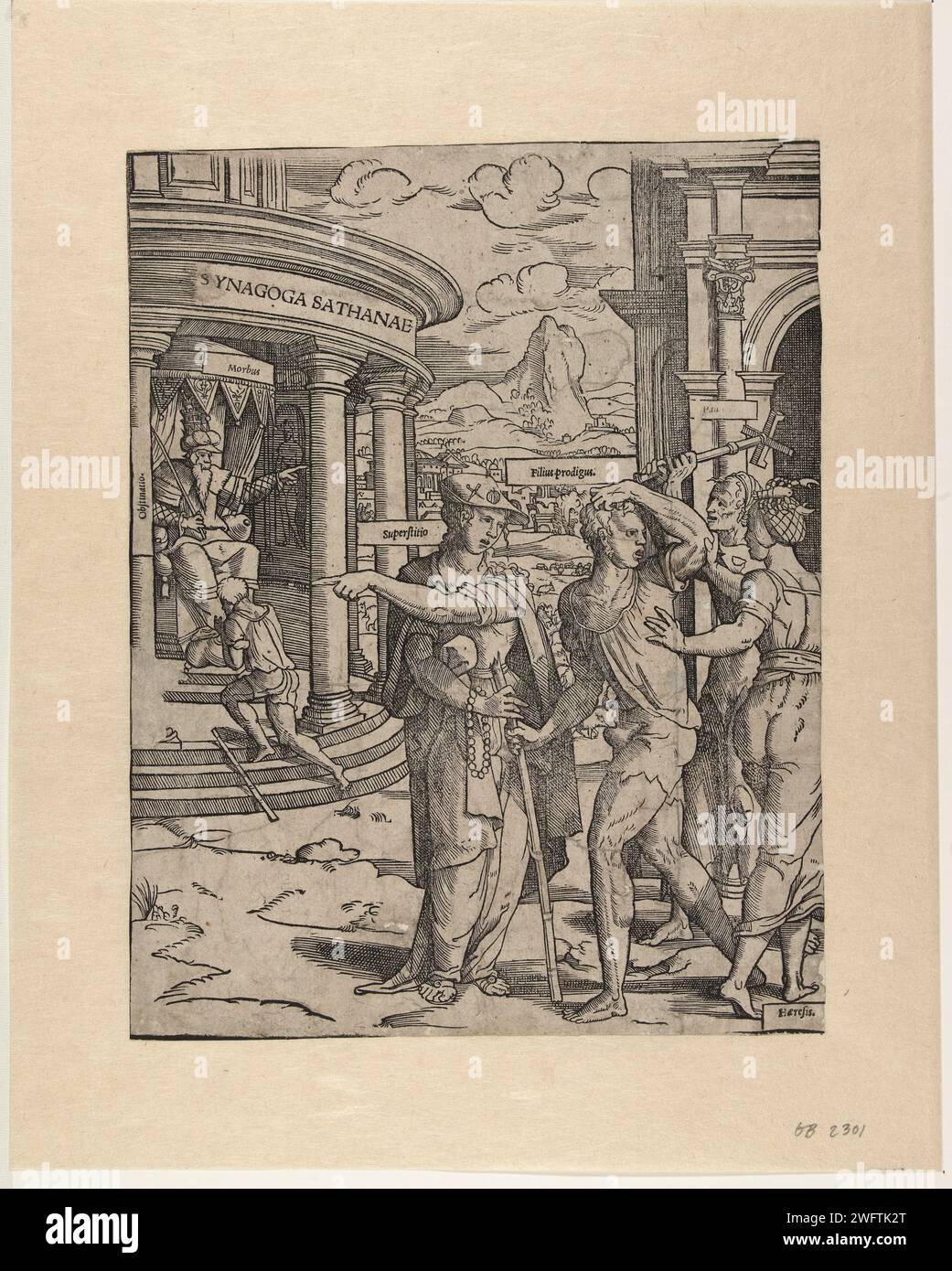 L'expulsion du fils perdu, Cornelis Anthonisz., 1535 - 1545 imprimer une série de six. Le fils (Filius Prodigus) est chassé par la pauvreté (paupertas), tandis que les superstomes (superstitio) et l'hérésie (Haeresis) lui montrent le chemin vers la Synagogue de Satan (Synagoga Sathanae). Là, il s'agenouille pour un homme sur un trône. Sur le trône se trouve le mot maladie (morbus), sur la colonne de l'entêtement (obstinatio). Le journal des pays bas quand tout son argent est gaspillé, le fils prodigue est chassé par les prostituées Banque D'Images