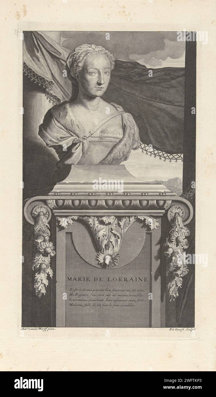 Buste de Maria van guise, Pieter van Gunst, d'après Adriaen van der Werff, c. 1669 - 1731 imprimer Statue de Marie de Lorraine et guise, reine d'Écosse et régents d'Écosse. L'image est sur un piédestal avec un poème français sur sa vie. Amsterdam gravure / gravure sur papier Banque D'Images