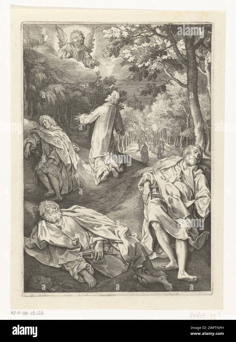 Christ à la cour de Gethsémani, Nicolaes de Bruyn, 1618 print un ange apparaît devant Christ sur le mont des oliviers pour lui donner de la force. Le Christ s’agenouille dans la prière et lève les yeux, il est entouré de ses disciples endormis Pierre, Jakobus et Jean. Papier néerlandais gravure de la prière du Christ dans le jardin de Gethsémani pendant la nuit Banque D'Images