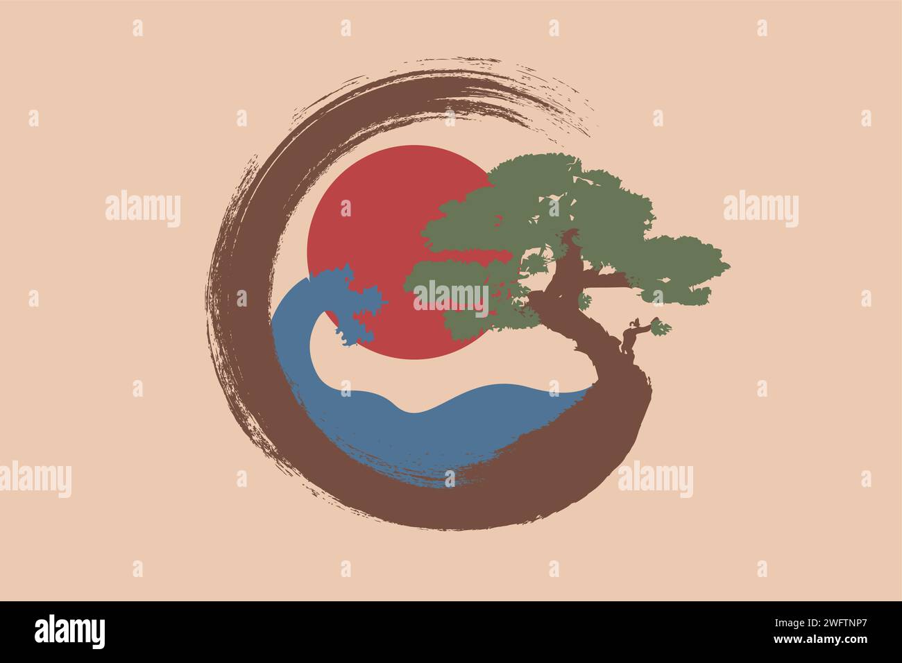 Paysage japonais sur Enso Zen Circle, Bonsai Tree et grand soleil rouge, dessiné à la main avec de l'encre colorée dans le style oriental traditionnel sumi-e, logo Vector Illustration de Vecteur