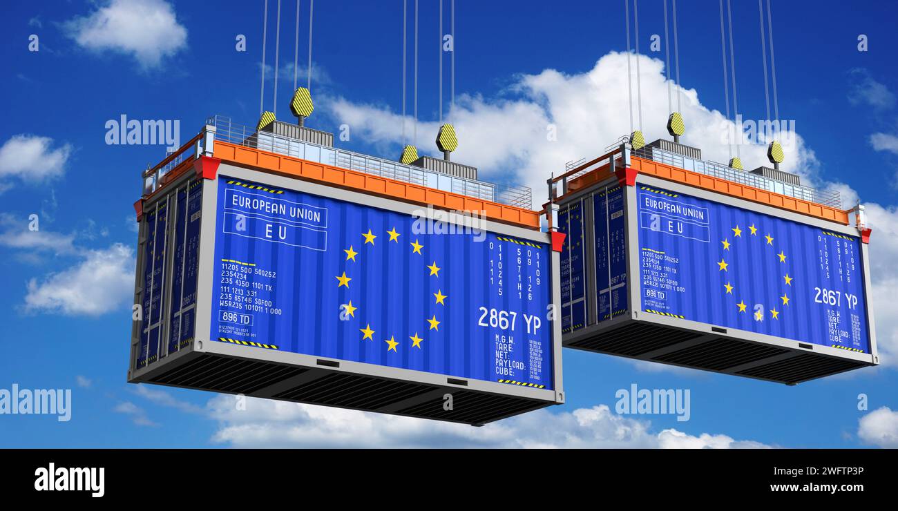 Deux conteneurs d'expédition avec drapeaux Union européenne - illustration 3D. Banque D'Images