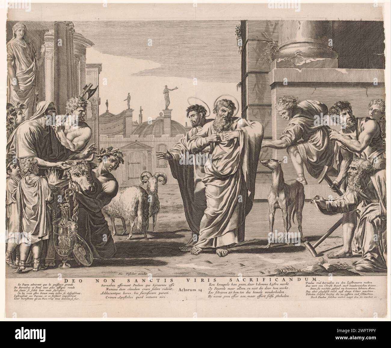 Barnabas et Paulus te Lystra, Nicolaes Visscher (I), 1633 - 1679 print Royalbijbel Nr. 128 Amsterdam gravure sur papier Paul et Barnabas à Lystra Banque D'Images