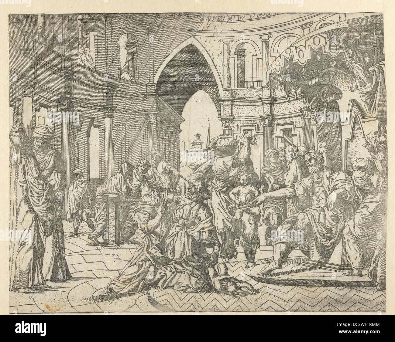 Jugement de Salomon, monogrammiste SAF, 1530 - 1540 impression à l'intérieur de l'espace circulaire avec des colonnes, Salomon est assis sur le trône et pointe avec le bâton. Deux mères agenouillées pour lui. La bonne mère pointe vers la mauvaise mère qui a un enfant avec elle. Beul élevé avec l'épée tient un autre enfant. Low Countries papier gravure Salomon indique la vraie mère Banque D'Images