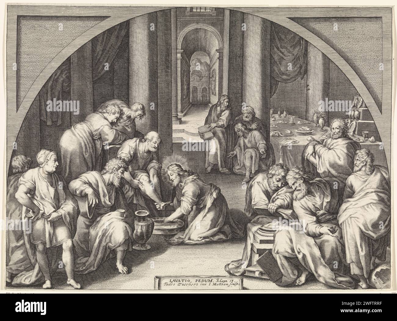 VoetWassing, Jacob Matham, d'après Taddeo Zuccaro, 1616 - 1700 print le Christ lave les pieds des apôtres. Haarlem gravure sur papier Christ lave les pieds des apôtres (Jean 13:1-20) Banque D'Images