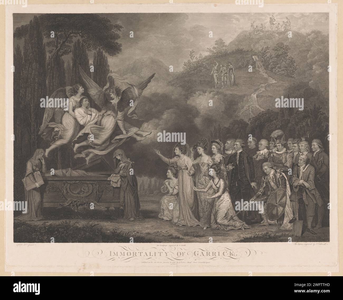 David Garrick est emporté par Engelen de son tombeau, James Caldwall, d'après George carter, gravure sur papier de Londres en 1783 / gravure immortalité, Imperishableness ; 'Immortalità' (Ripa). tombe, tombe. personnages historiques. acteur (sur scène). cortège, procession funéraire Banque D'Images
