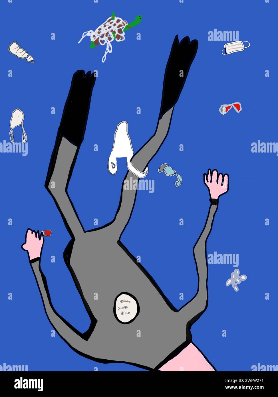 Illustration numérique d'un plongeur entouré de plastique et de pollution dans l'océan Banque D'Images