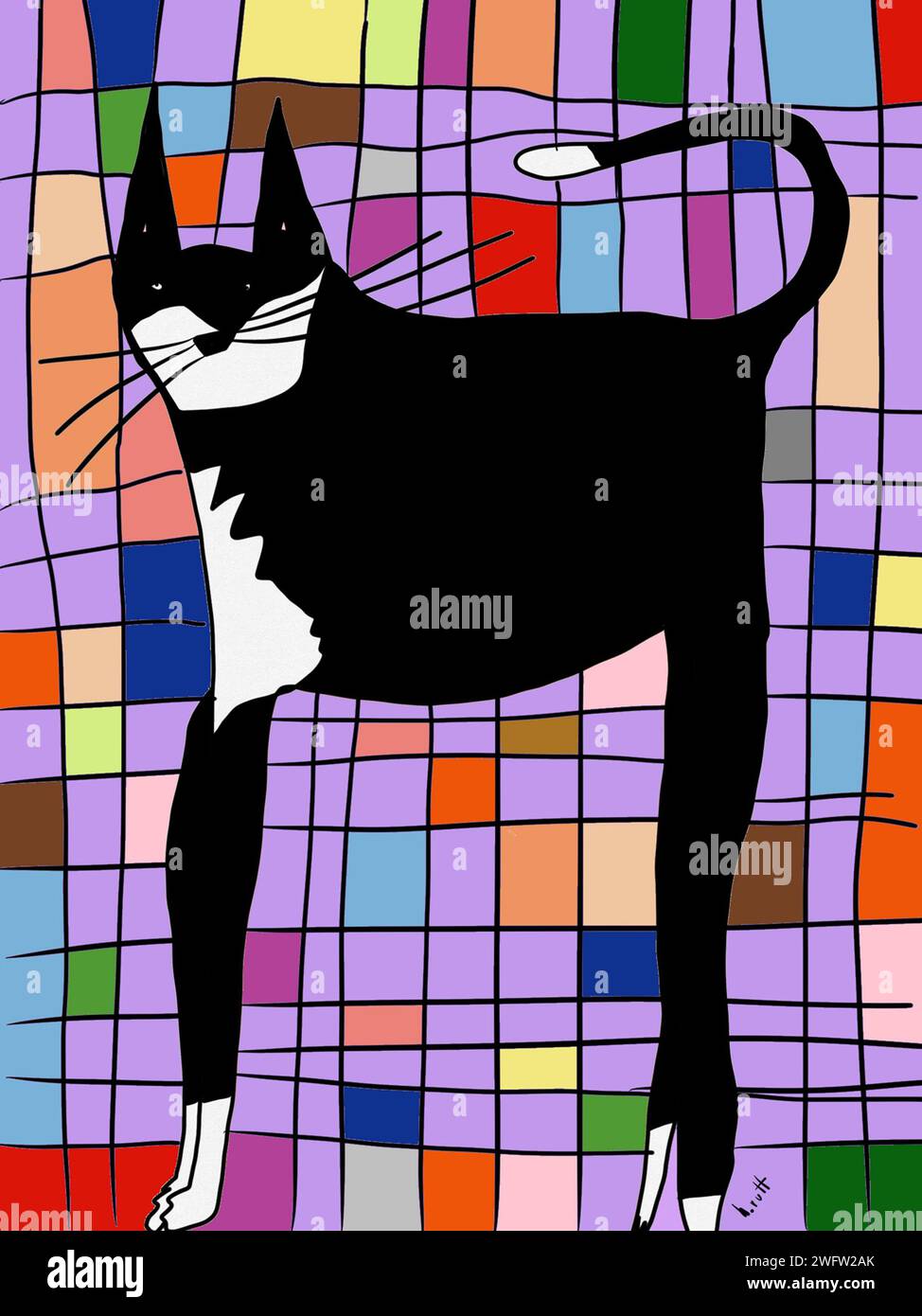 Illustration numérique d'un chat avec un fond coloré carré Banque D'Images