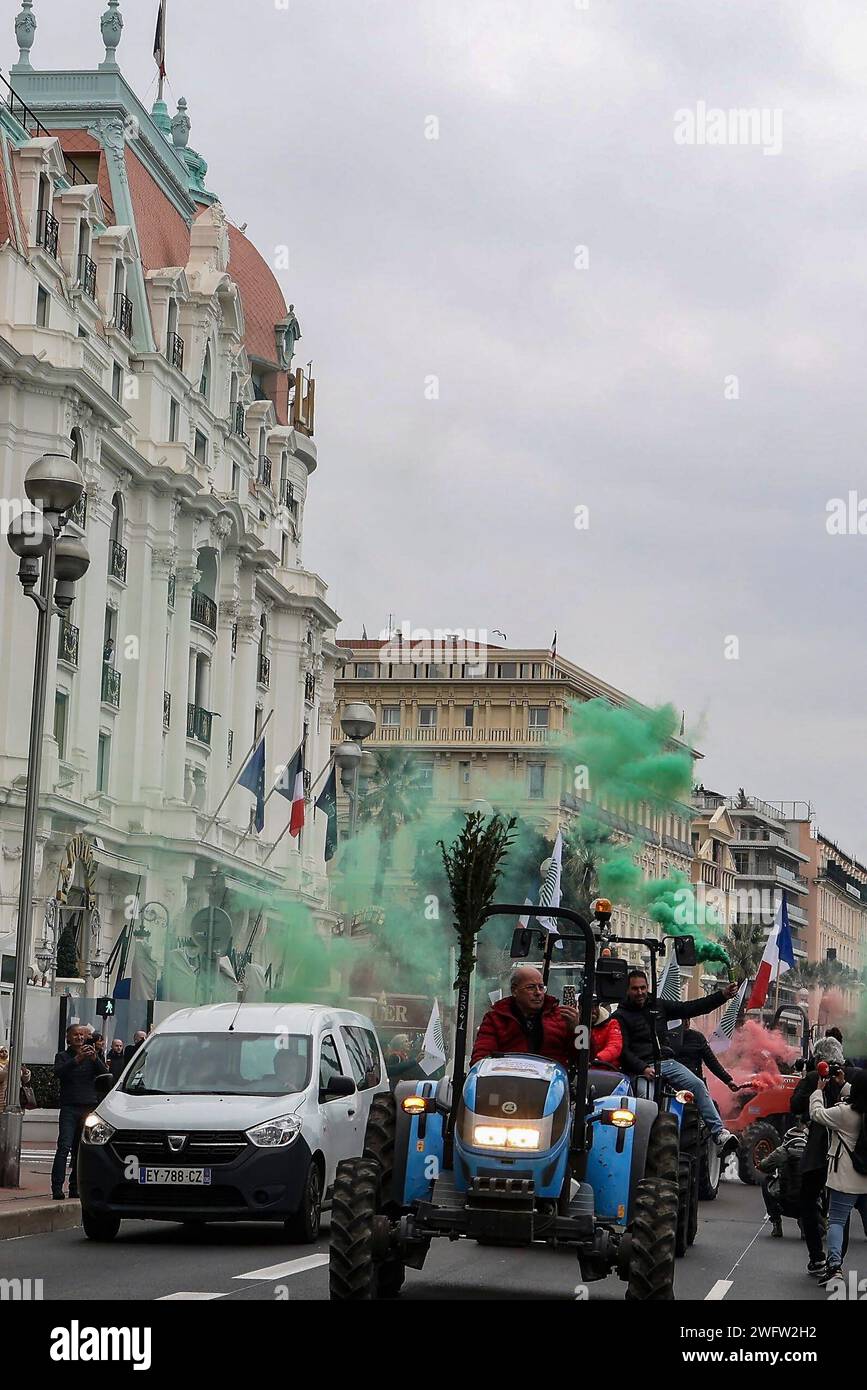 © Francois Glories/MAXPPP - 01/02/2024 colère des agriculteurs du Sud de la France, les tracteurs envahissent le Prom à Nice avec Chouki, la mascotte vache devenue star devant l'hôtel Negresco sur la Promenade des Anglais. Manifestation paysanne sur la Promenade des Anglais à Nice dans le cadre du mouvement national paysan en France et dans plusieurs pays européens. Crédit : MAXPPP/Alamy Live News Banque D'Images