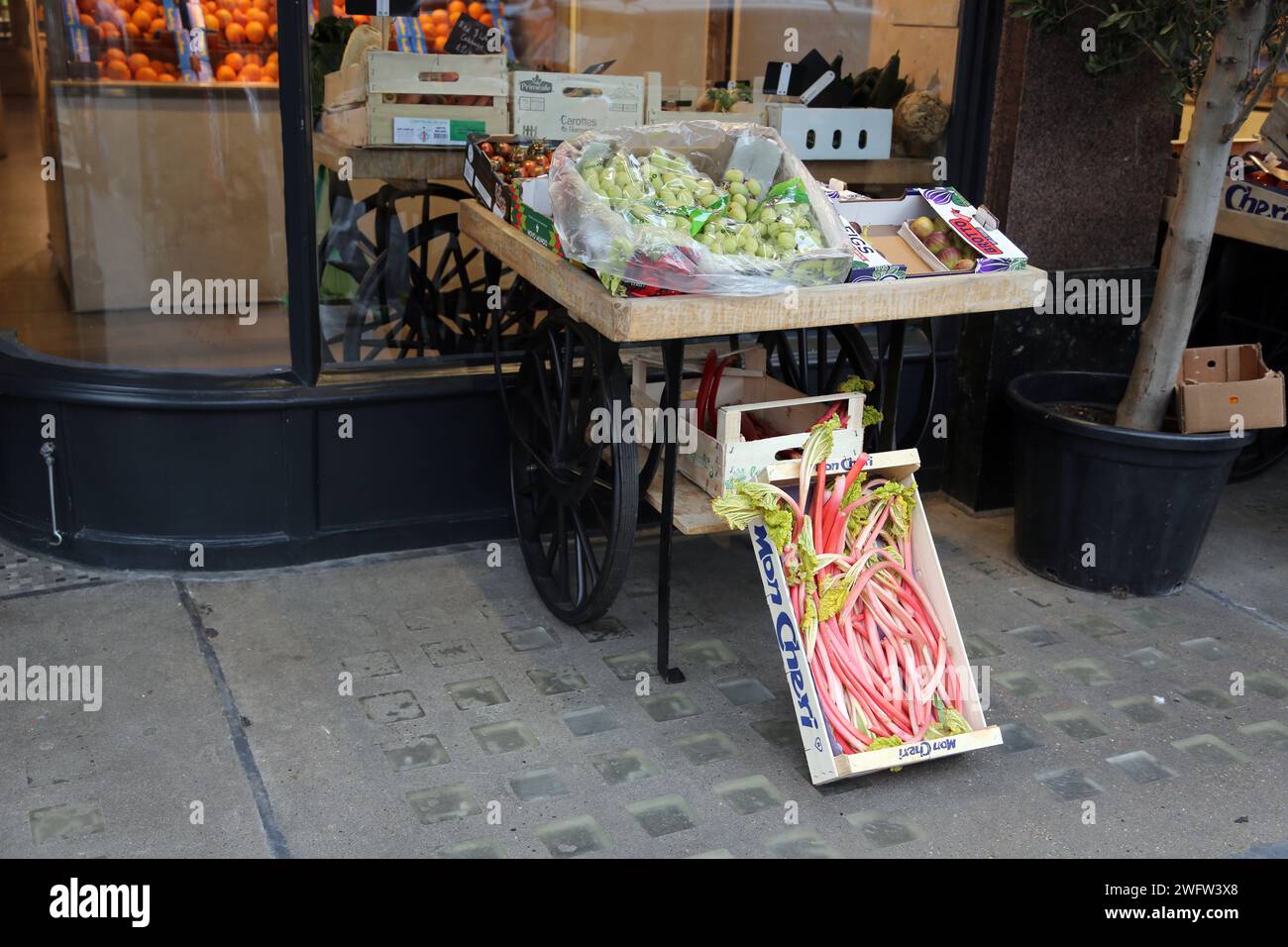 Stand à l'extérieur Andreas Greengrocers vendant figues, rhubarbe, raisins et tomates cale Street Chelsea Londres Angleterre Banque D'Images