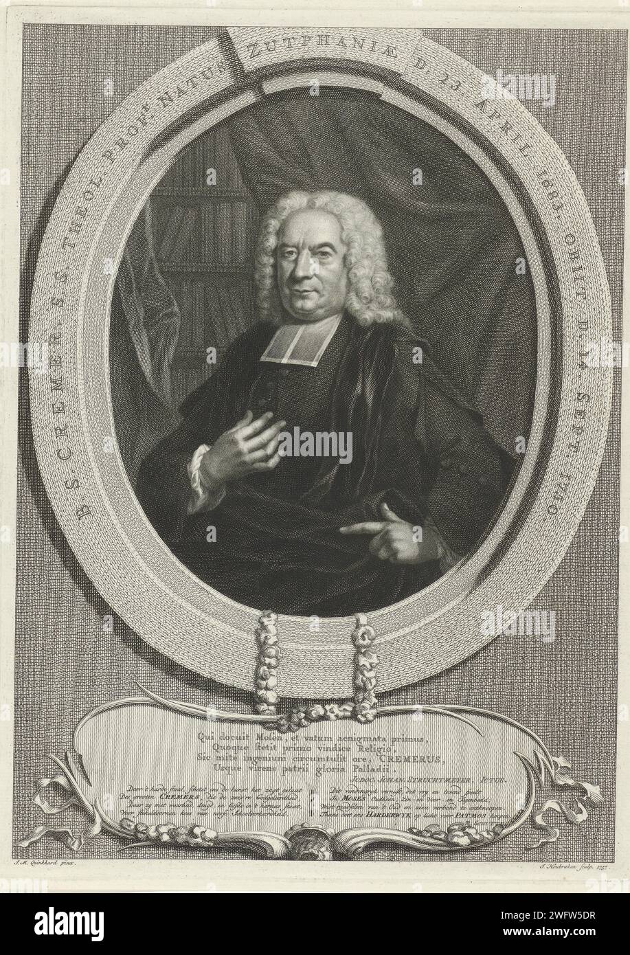 Portrait de Bernard Sebastiaan Cremer, Jacob Houbraken, d'après Jan Maurits Quinkhard, 1757 tirage Portrait à gauche de Bernard Sebastiaan Cremer dans un ovale, avec une bordure en latin. Sous le portrait un cartouche sur lequel un texte de quatre lignes en latin et un texte en deux colonnes de quatre lignes chacune en néerlandais. Amsterdam gravure / gravure sur papier Banque D'Images