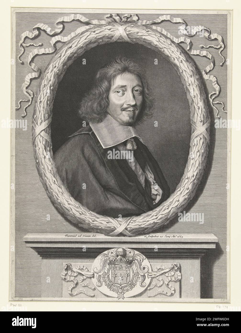 Portret van Michel le Tellier, Robert Nanteuil, 1659 tirage Portrait du chancelier Michel le Tellier, dans une couronne de Laurier ovale avec rubans. Un blason sur le piédestal. gravure sur papier Banque D'Images