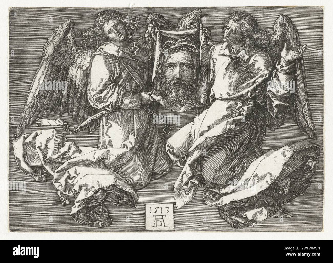 Deux anges avec le tissu de sueur, Albrecht Dürer, 1513 impression deux anges tiennent le tissu de sueur de Véronique avec l'impression du visage du Christ (le Sudarium). Nuremberg gravure sur papier 'Vera Icon', soutenue par des anges Banque D'Images