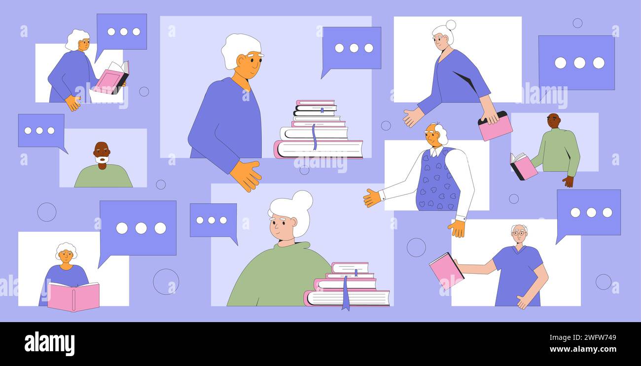 Communauté de livres sociaux pour les personnes âgées. Les membres seniors du club de lecture ont une réunion pour discuter de littérature et de culture. Le mode de vie de la retraite Illustration de Vecteur