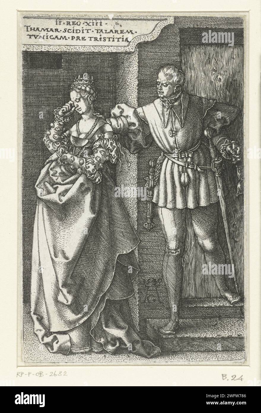 Amnon envoie Tamar loin, Heinrich Aldegrever, 1540 estampe Amnon debout à la porte, pousse tamar pleurant loin avec sa main droite. En haut à gauche un cartouche avec du texte en latin. Troisième tirage d'une série de sept avec l'histoire d'Amnon et Tamar. Allemagne la gravure sur papier Amnon envoie Tamar loin ; Tamar met des cendres sur sa tête, rend son vêtement, pose sa main sur sa tête et laisse pleurer Banque D'Images