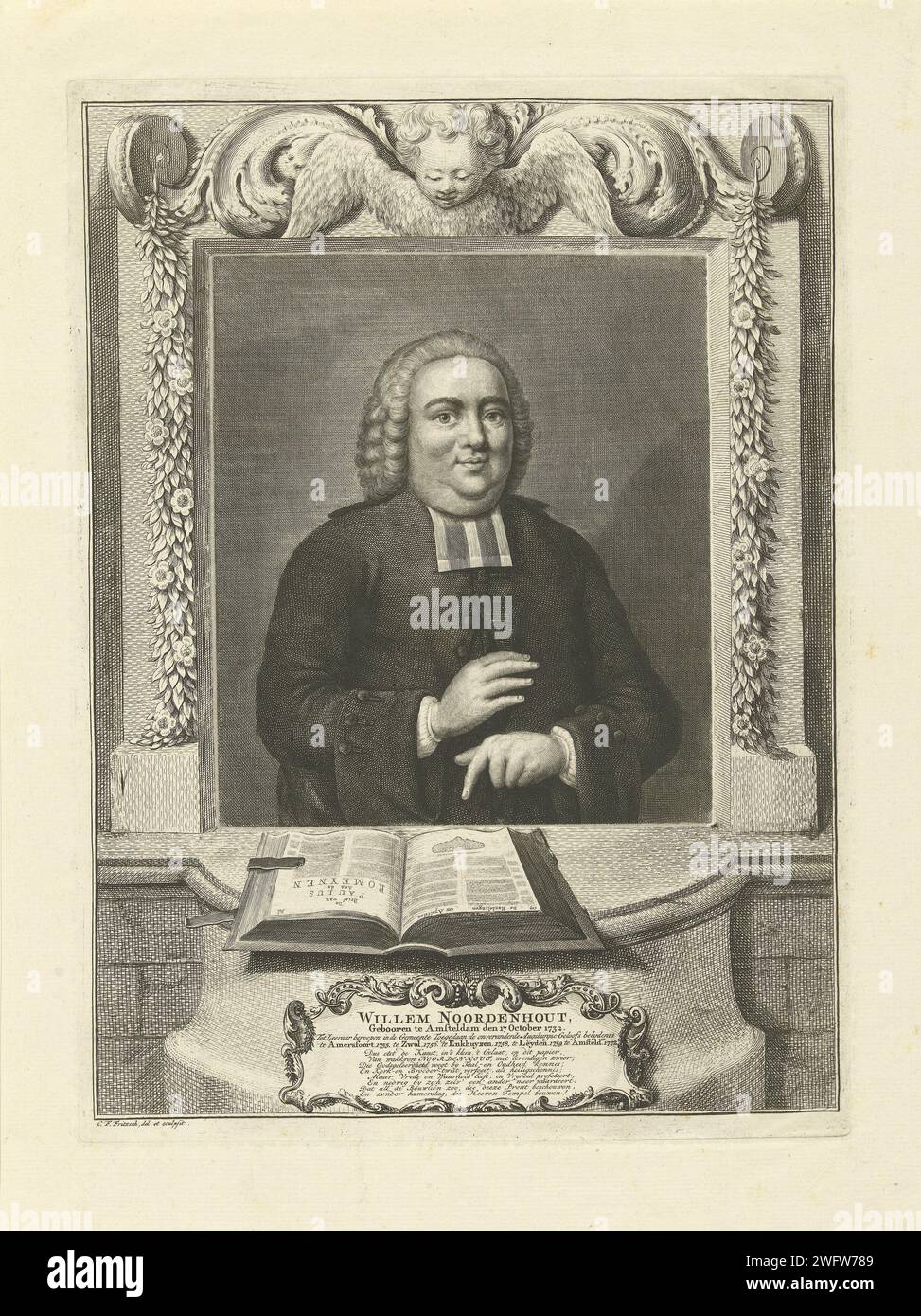 Portrait de Willem Noordenhout, Christian Friedrich Fritzsch, 1732 - 1774 imprimer le pasteur Willem Noordenhout, Halven Lijve, avec sa main gauche sur la Bible ouverte pointant pour lui. Dans la liste d'ornement avec guirlandes et un putto en haut. Sous la liste un cartouche avec son nom, date de naissance et lieu, villes d'efficacité et un texte eighable en néerlandais. gravure sur papier / gravure Banque D'Images