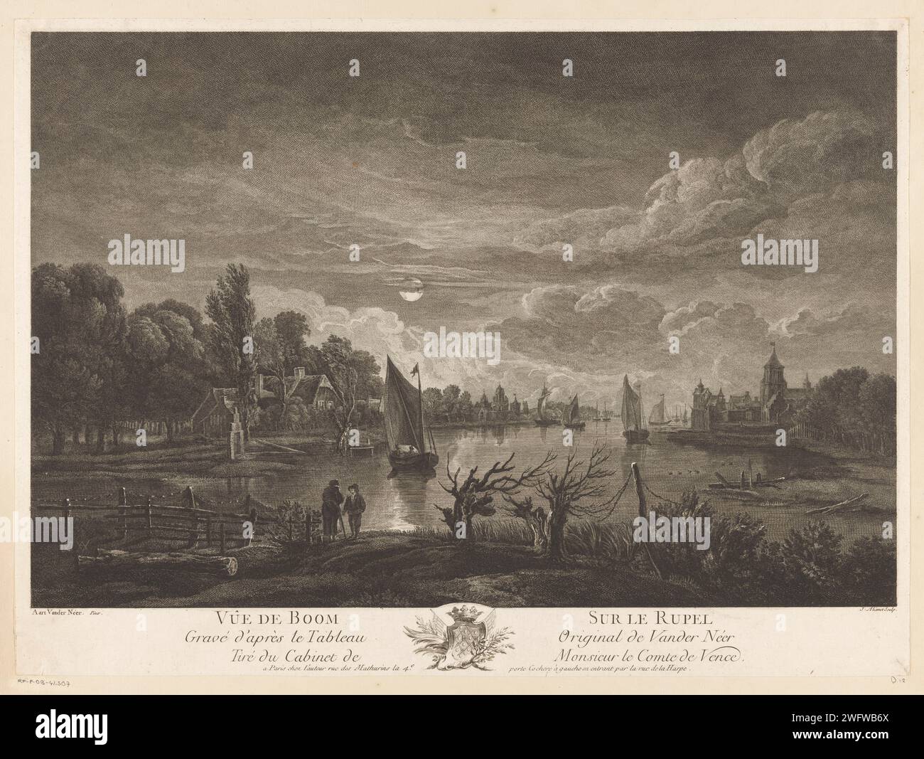 Vue sur Boom sur la Rupel, Jacques Aliamet, d'après Aert van der Neer, 1750 - 1788 imprimeur : Franceafter peinture par : Netherlandspublisher : Paris soirée gravure sur papier / gravure. clair de lune. voilier, voilier. perspective de village, silhouette de village. river Tree. Rupel Banque D'Images