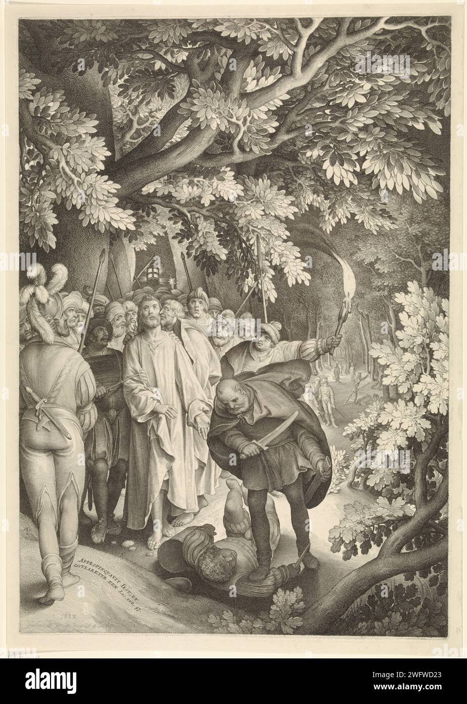 Judaskus et arrestation du Christ, Nicolaes de Bruyn, 1632 imprimer Christ et ses élèves dans le Hof van Getsemane. Judas embrasse Christ sur la joue. Les soldats l'encerclent et l'arrêtent. Pierre tente de défendre Christ et attaque un des soldats. Rotterdam papier gravure le baiser de Judas : accompagné de soldats avec des torches et des lanternes, il embrasse le Christ. L'arrestation du Christ  jardin de Gethsémani Banque D'Images