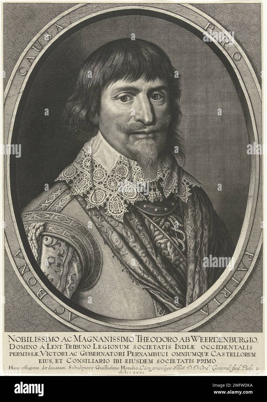 Portrait de Theodor van Weerdenburg, Willem Hondius, buste imprimé en 1631 à droite de Theodor van Weerdenburg dans un cadre ovale avec une écriture de bordure en latin. Sous le portrait quatre lignes en latin. Gravure sur papier de la Haye Banque D'Images