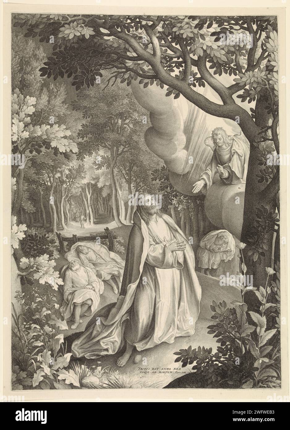 Christ prie dans le Hof van Getsemane, Nicolaes de Bruyn, 1632 - 1637 imprimer Christ prie Dieu dans la cour de Getsemane. Il voit un ange dans une vision. Ses trois élèves ne peuvent rester éveillés et dormir derrière lui. En arrière-plan les soldats qui arrêteront Christ. Papier Rotterdam gravure de la prière du Christ dans le jardin de Gethsémani pendant la nuit Banque D'Images