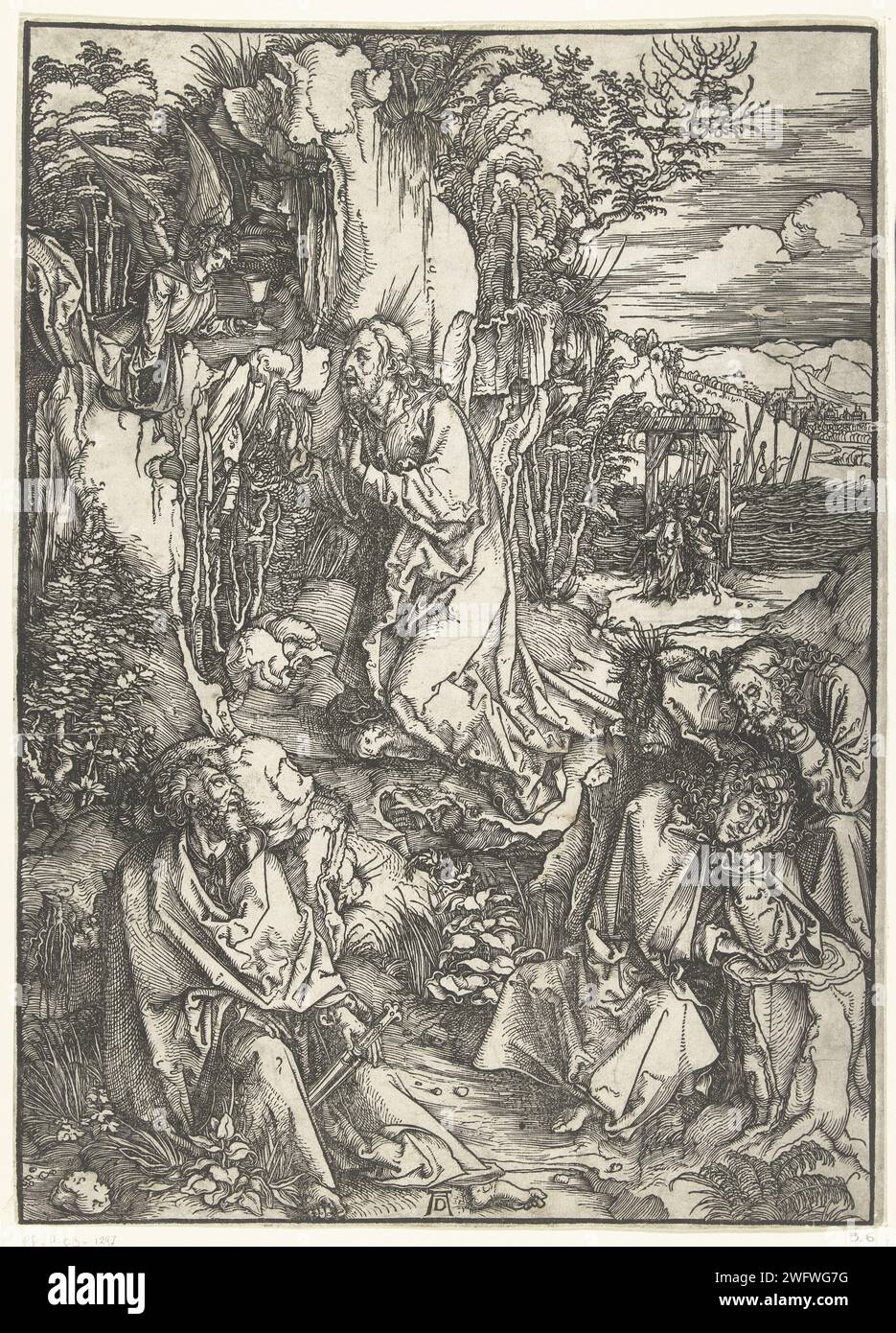 Christ op de Olijf Mont, Albrecht Dürer, 1496 - 1497 imprimer Christ prie dans la cour de Getsémane, pendant que ses disciples dorment autour de lui. Ce tirage fait partie de la série de presse 'la Grande passion', composée d'un tirage titre et de 11 scènes de l'histoire de la souffrance. Nuremberg paper la prière du Christ dans le jardin de Gethsémani pendant la nuit Banque D'Images