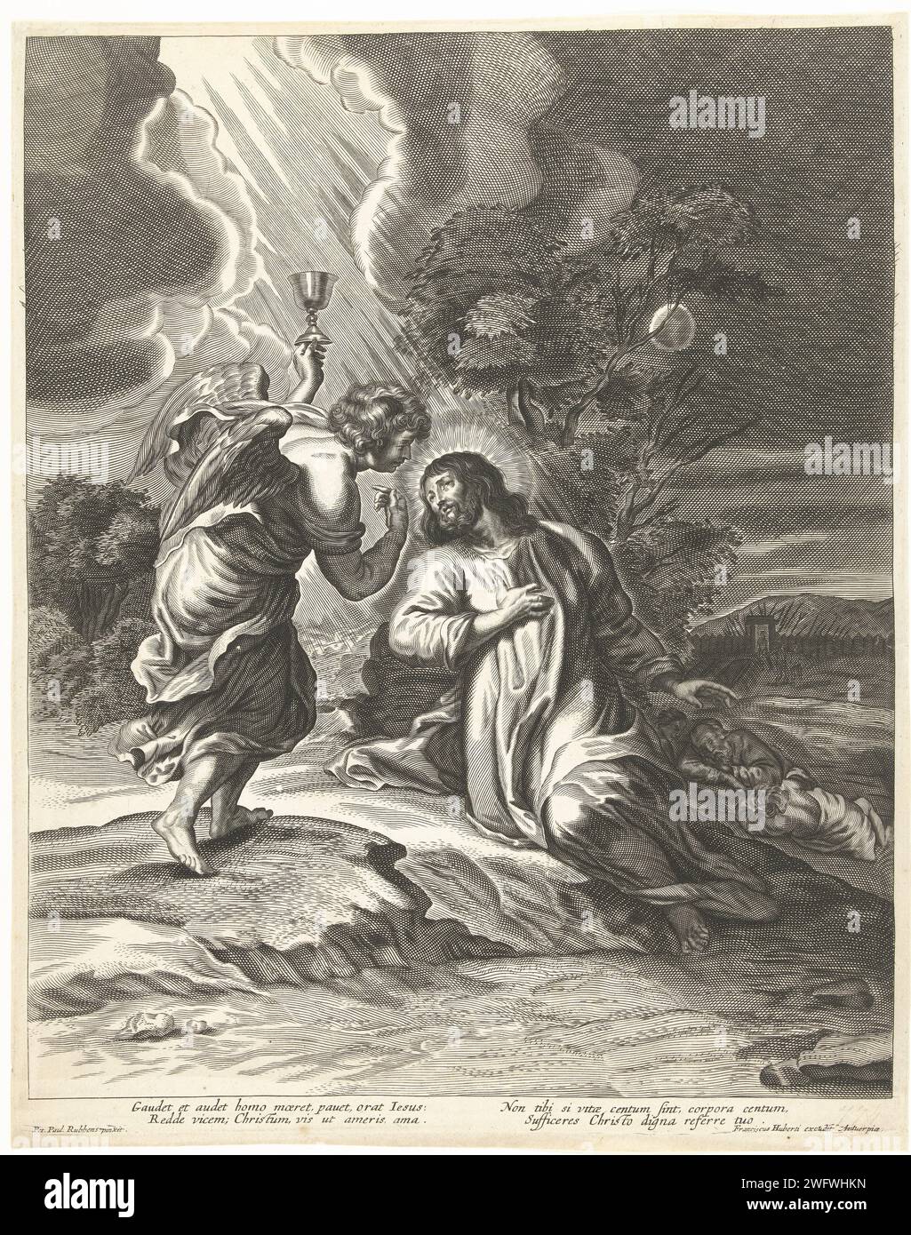 Christ et Engel avec Kelk Op Olijf Berg (Getsémane), Anonyme, d'après Pieter de Bailliu (I), d'après Pierre Paul Rubens, 1623 - 1710 print Christ et Engel avec Kelk sur les oliviers (Getsémane). Sous l'exécution se trouvent quatre versets latins dans lesquels il est fait référence à la souffrance du Christ pour le croyant. Anvers gravure sur papier agonie du Christ : pour le réconforter un ou plusieurs anges apparaissent au Christ avec un calice et/ou une croix Banque D'Images