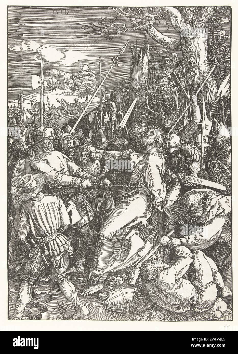 Collection, Albrecht Dürer, 1510 print Christ est trahi par Judas avec un baiser et capturé par des soldats. Ce tirage fait partie de la série de presse 'la Grande passion', composée d'un tirage titre et de 11 scènes de l'histoire de la souffrance. Nuremberg paper le baiser de Judas : accompagné de soldats avec des torches et des lanternes, il embrasse le Christ Banque D'Images