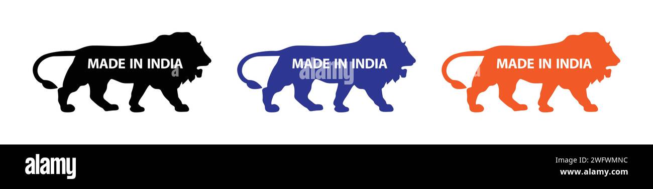 Made in India Icon Set avec silhouette de lion. Jeu d'icônes de symbole fabriqué en Inde pour les produits indiens et l'usage industriel. Symbole d'icône de lion fabriqué en Inde. Illustration de Vecteur