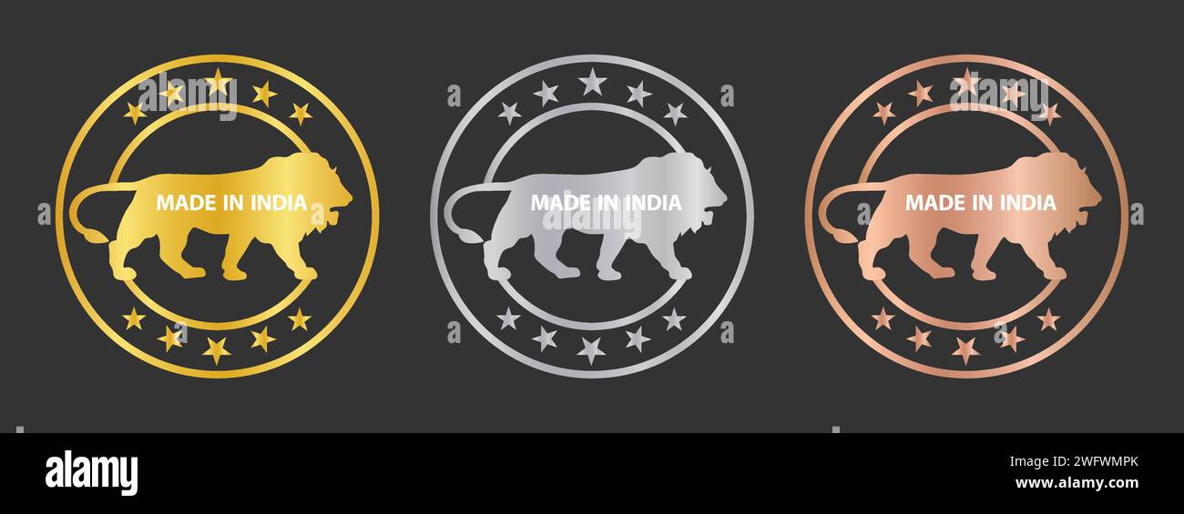 Fabriqué en Inde icône de timbre avec des étoiles dans le cercle dans la couleur or, argent et bronze. Ensemble d'icônes de symbole Made in India pour les produits indiens et les startups. Illustration de Vecteur