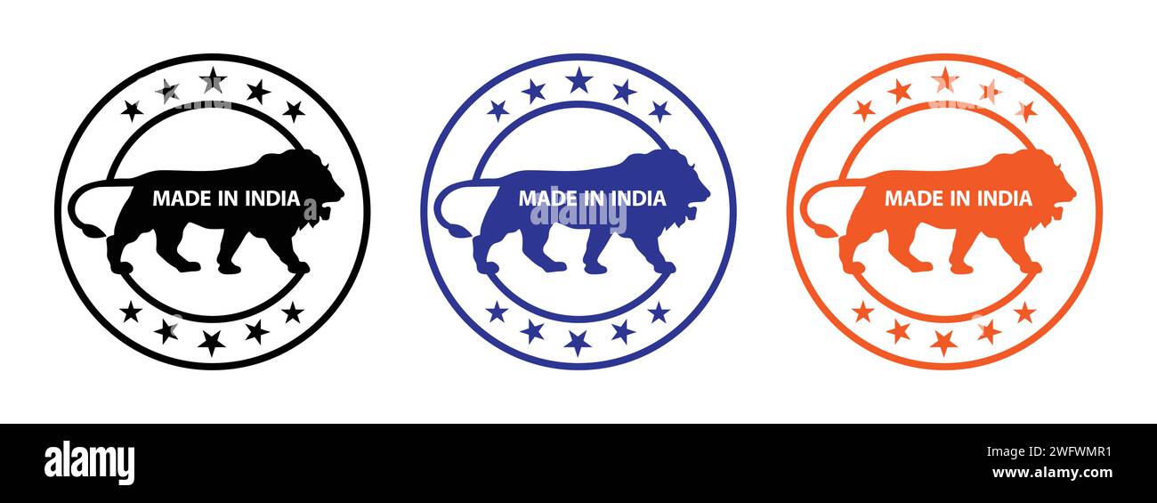 Fabriqué en Inde icône de timbre avec des étoiles en cercle en couleur noire, bleue et orange. Jeu d'icônes de symbole fabriqué en Inde pour les produits indiens et l'usage industriel Illustration de Vecteur