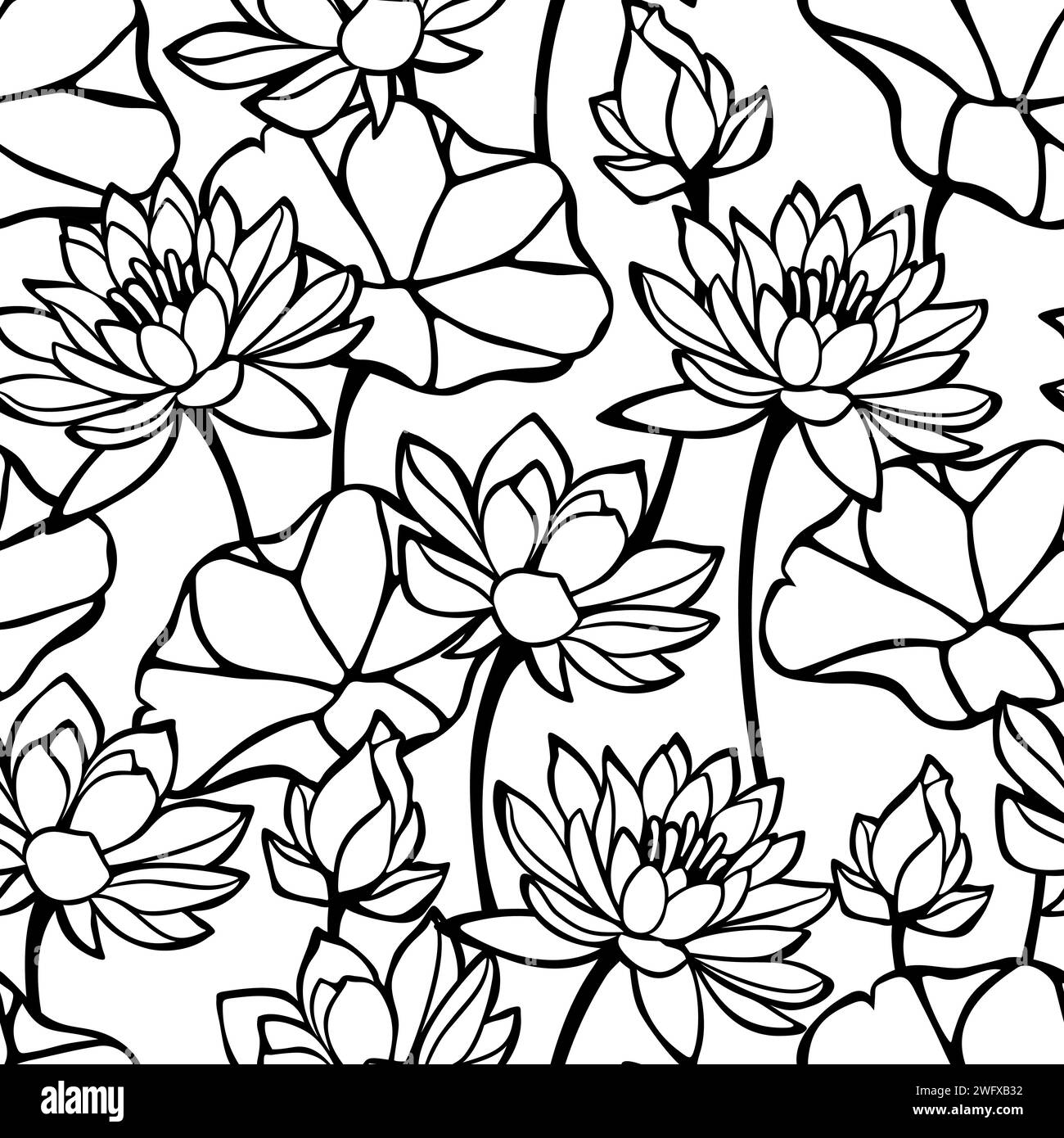 Motif floral sans couture avec fleurs et feuilles de lotus. Motif dessin au trait noir et blanc. Imprimé fleuri vectoriel Illustration de Vecteur