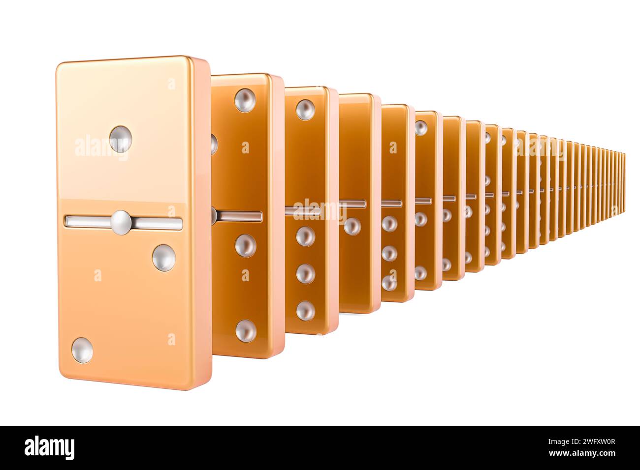 Golden Domino Tiles in Row, rendu 3D isolé sur fond blanc Banque D'Images