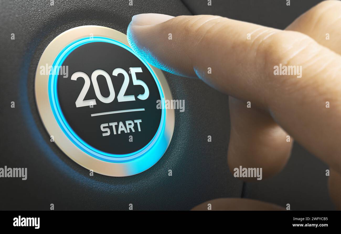 Appuyer avec le doigt sur un bouton d'allumage de voiture avec le texte 2025 START. Année deux mille vingt-cinq concept. Image composite entre une photographie à la main Banque D'Images
