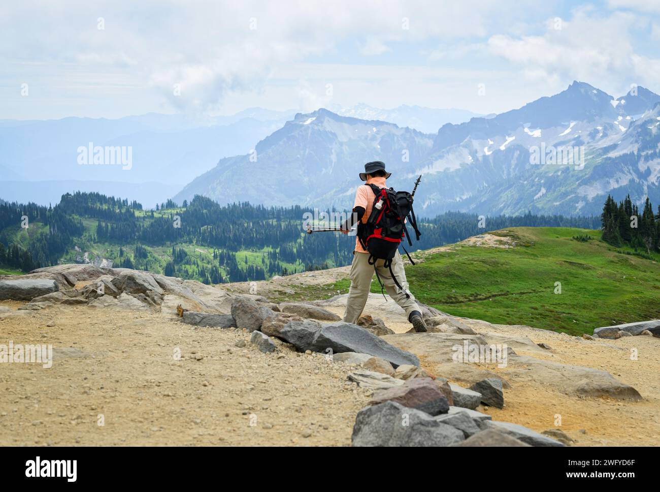 Homme en randonnée avec une grande foulée au Skyline Loop Trail. Parc national du Mont Rainier. État de Washington. Banque D'Images
