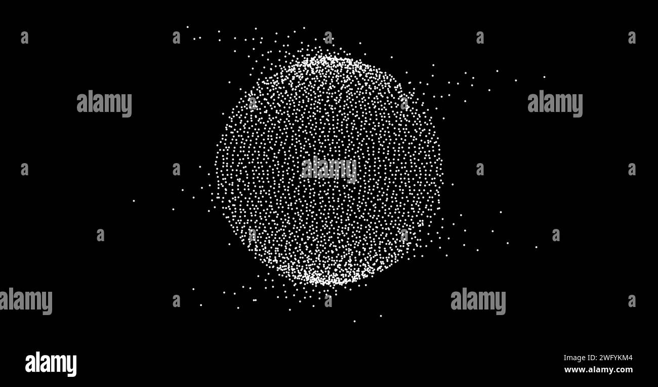 Sphère pointillée blanche avec effet fondu. Cercle de désintégration de stipple sur fond noir. Boule texturée en demi-teinte avec grain de travail de point de bruit. Particules grunges radiales. Bulle SPHERIQUE DOT. Vecteur Illustration de Vecteur