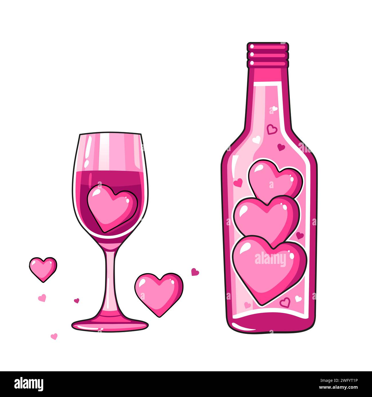 Icône vectorielle mignonne avec bouteille de vin rose et verre pour la Saint-Valentin. Collection d'éléments de design plats. Illustration minimale de dessin animé pour la bannière Web de conception Illustration de Vecteur