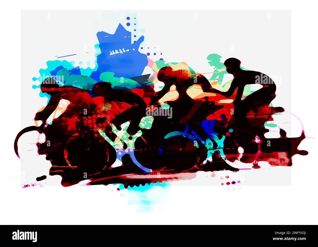 Course cycliste, cyclisme VTT. Dessin flou stylisé expressif d'un groupe de cyclistes à pleine vitesse. Imitation de peinture aquarelle. Banque D'Images