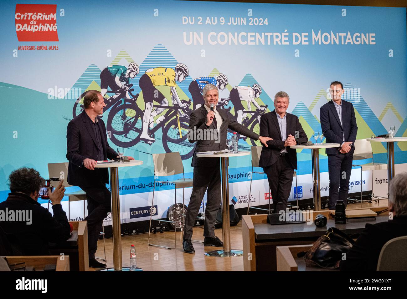 Présentation du parcours de la prochaine édition du critérium du dauphine avec Christian Prudhomme, directeur du Tour de France, Laurent Wauquiez, Banque D'Images