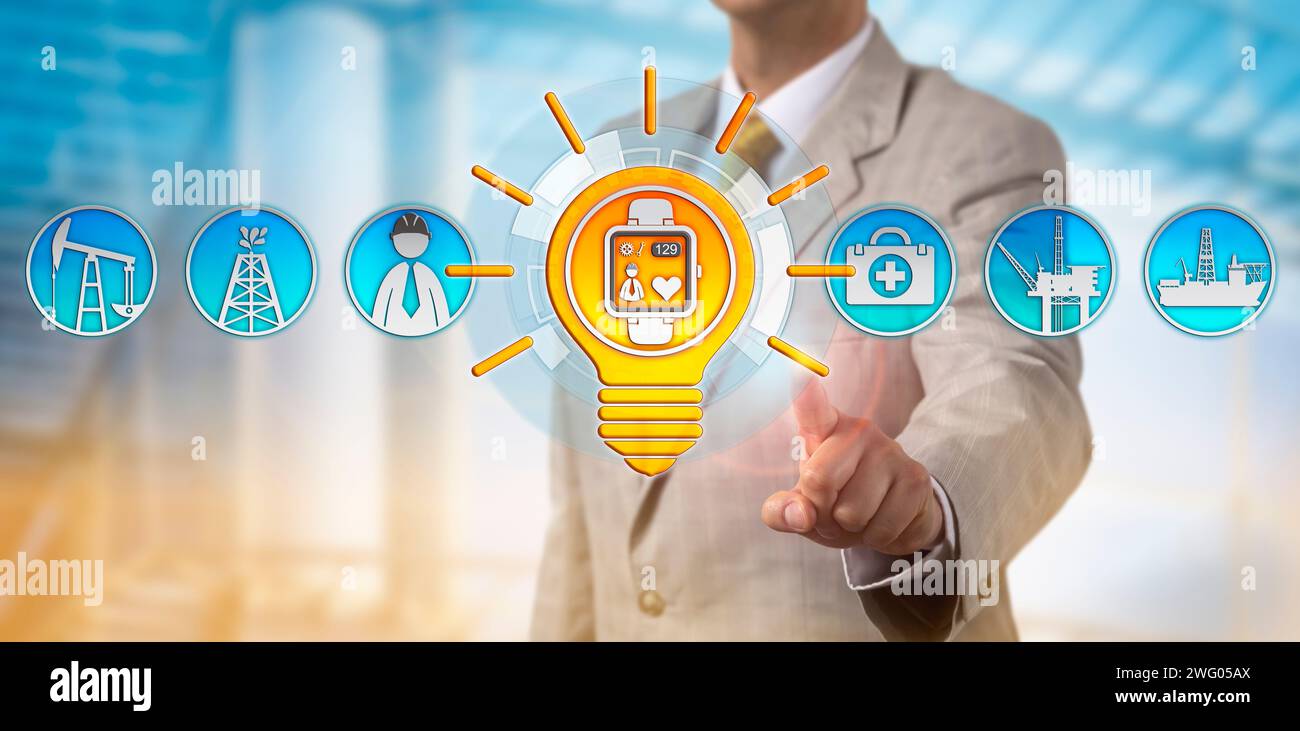 Gestionnaire RH méconnaissable utilisant une smartwatch pour surveiller la fréquence cardiaque d'un ingénieur pétrolier et gazier. Concept de technologie portable pour le suivi physique, HE Banque D'Images