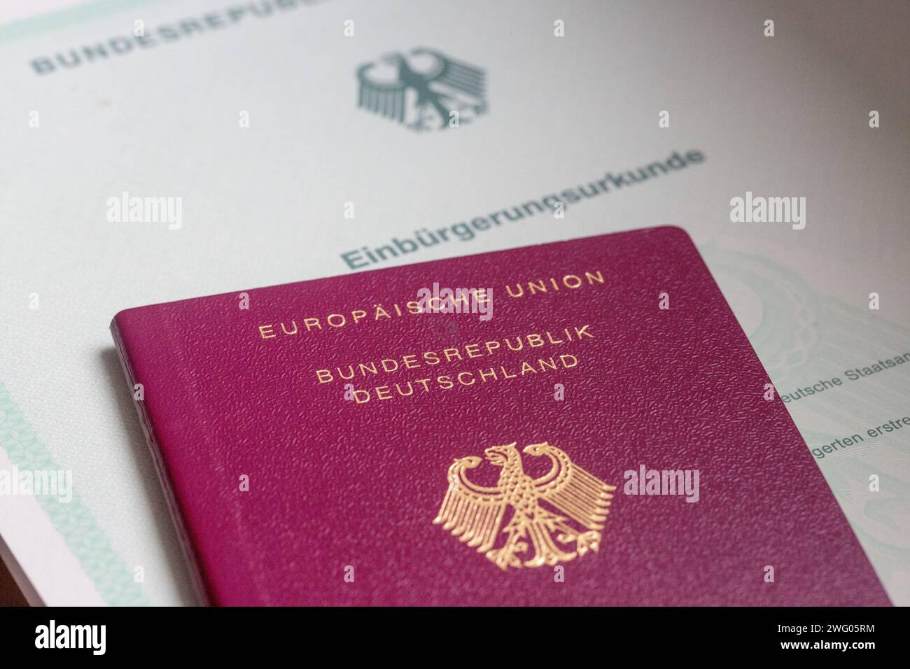 Berlin, Allemagne. 02 février 2024. Un certificat de naturalisation de la République fédérale d'Allemagne et un passeport allemand reposent sur une table. La Chambre d'État s'occupe également de la réforme de la loi sur la citoyenneté adoptée par le Bundestag à la mi-janvier. À l'avenir, les gens pourront se naturaliser plus rapidement en Allemagne et conserver leur passeport étranger. Crédit : Fernando Gutierrez-Juarez/dpa/Alamy Live News Banque D'Images