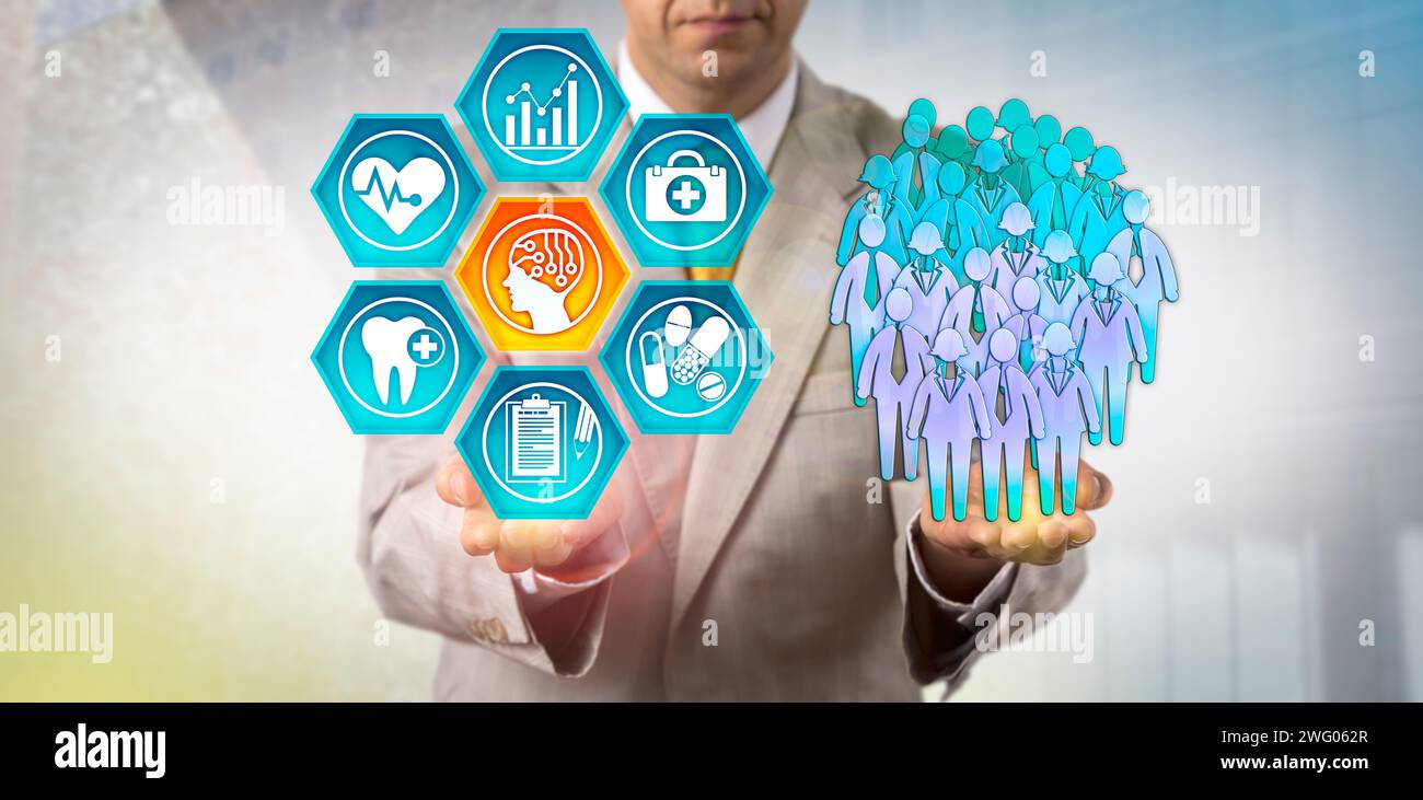 Administrateur de soins de santé méconnaissable examinant les résultats de santé d'un groupe humain via une application IA. Concept de technologie de santé pour l'utilisation de Banque D'Images