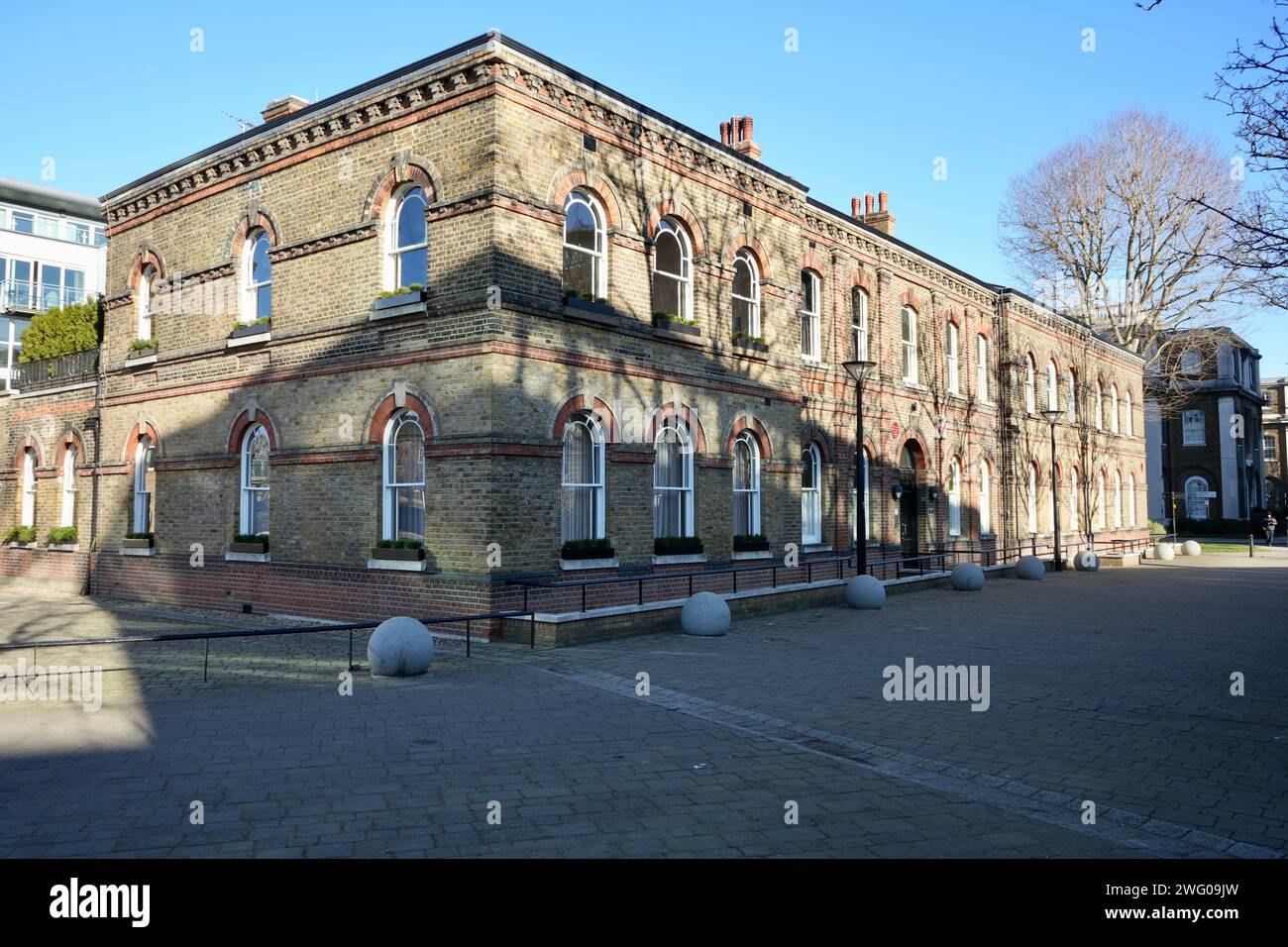 Le laboratoire de chimie historique construit en 1864 à Woolwich Arsenal, un bâtiment classé Grade II. Woolwich, Londres, Royaume-Uni, 19 janvier 2024. Banque D'Images