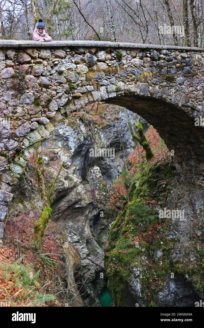 Le pont de Devi sur la rivière Mostnica, qui traverse le village de Stara Fuzina et se jette dans le lac Bohinj Banque D'Images