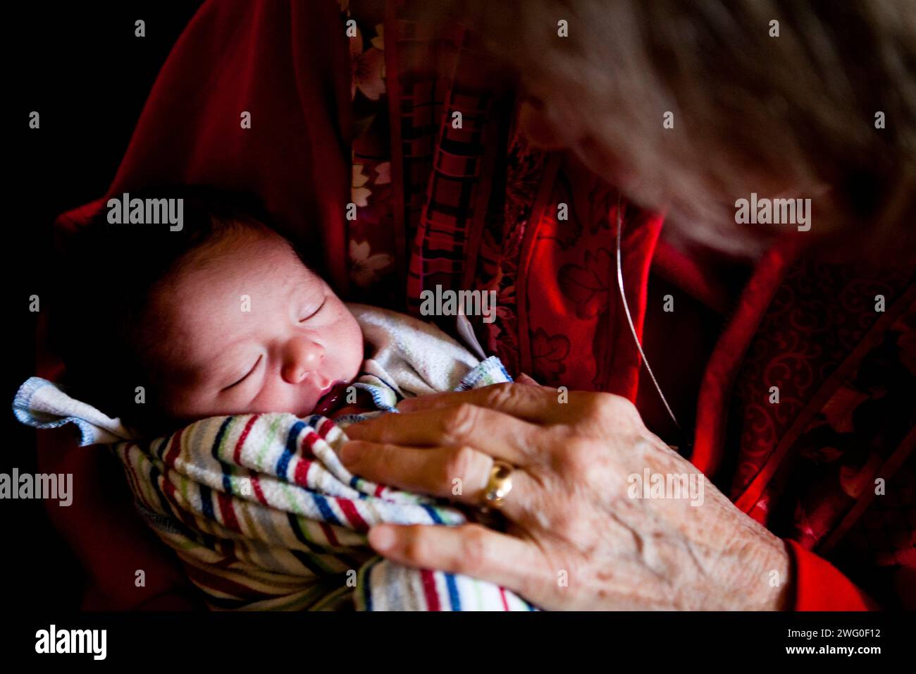 Une grand-mère tient son petit-fils newbirn pour la première fois. Banque D'Images