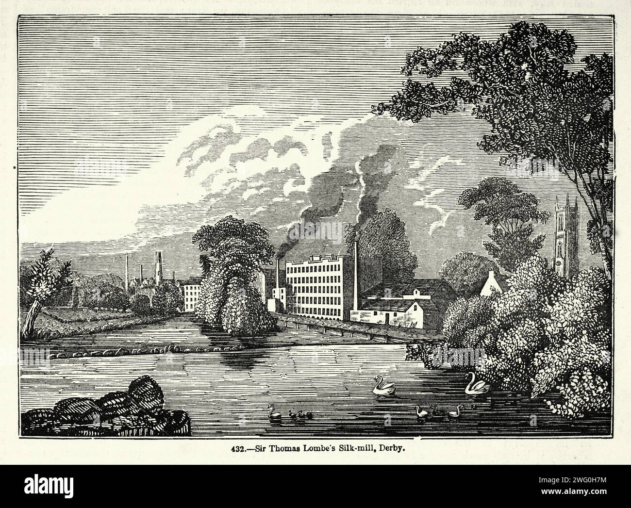 Illustration vintage, l'usine de soie de Sir Thomas Lombe à Derby, Histoire de l'industrie textile, révolution industrielle, 19e siècle victorien, années 1850 Banque D'Images