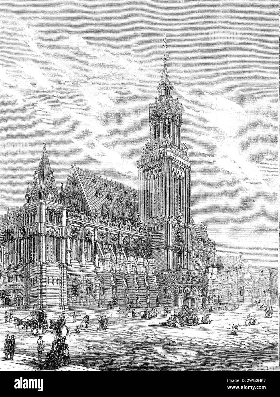 Prix Royal Academy Design architectural : an Exchange for a grande ville commerciale, par T. H. Watson, 1862. 'Le "Design for an Exchange"... est dans le style gothique italien des XIIIe et XIVe siècles... la zone des marchands est entourée de colonnes de fer couplées qui soutiennent le toit, qui est construit en fer, bois, et le verre, avec un dôme en verre... vers l'avant montré dans notre gravure sont la grande salle de Lloyd's, la salle des capitaines etc, et au-dessus d'eux... est une grande salle disponible pour les réunions publiques, bals etc... à l'extrémité est de ce bloc de bâtiments est le grand Banque D'Images